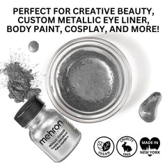 Mehron Metallic Powder Silver eye application showcasing chrome-like glow