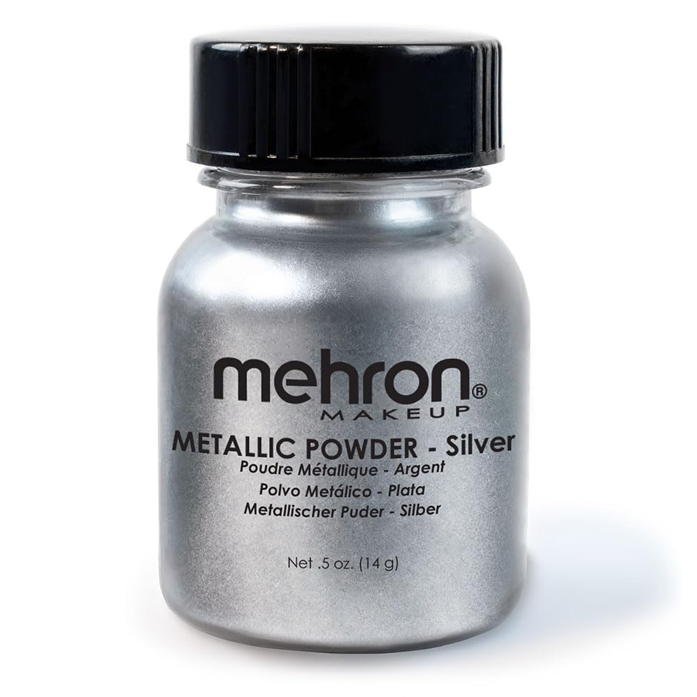 Mehron Metallic Powder Silver jar closeup showing premium pigment for bold looks