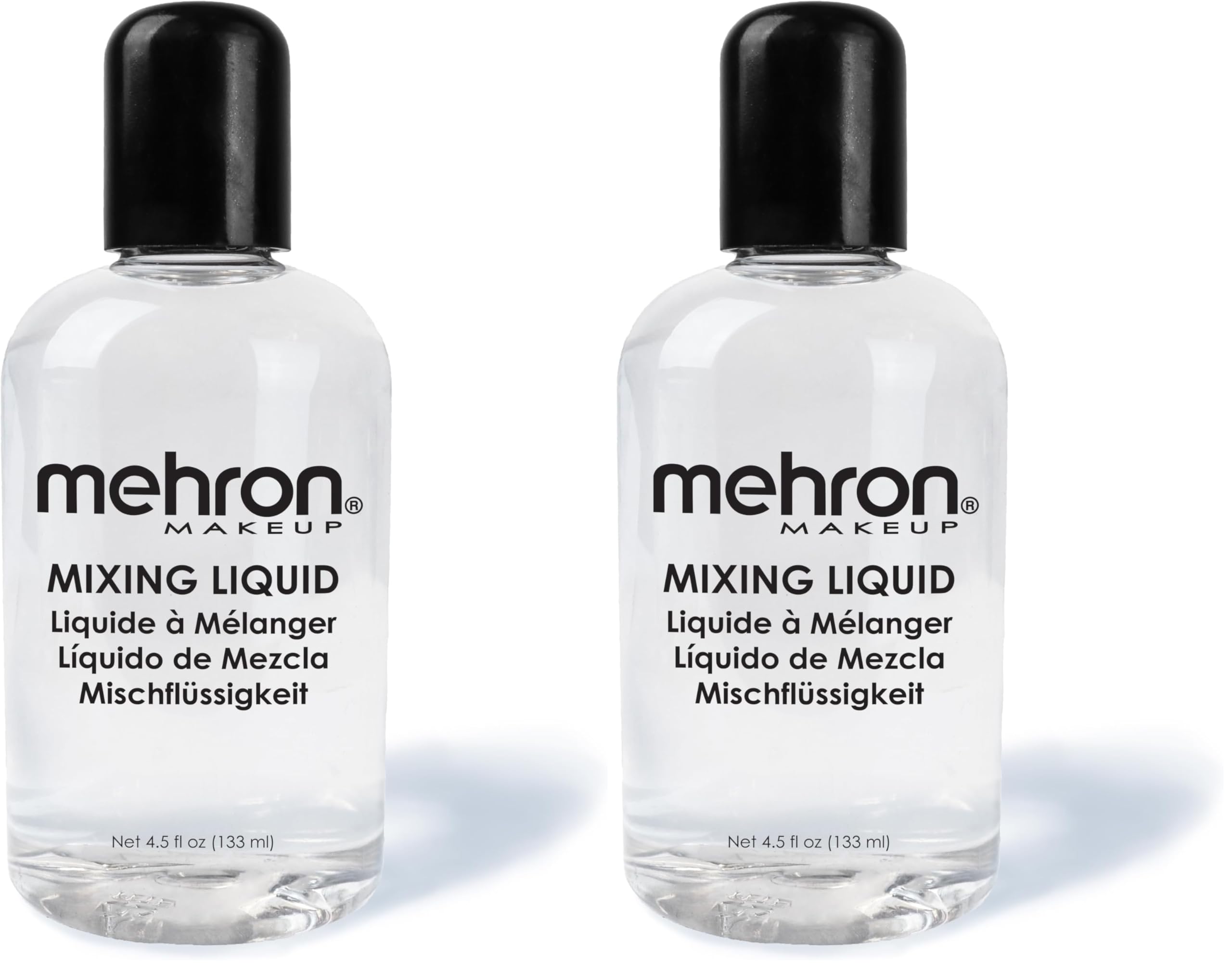 Mehron Mixing Liquid bottle close-up for long-wear, transfer-resistant makeup.