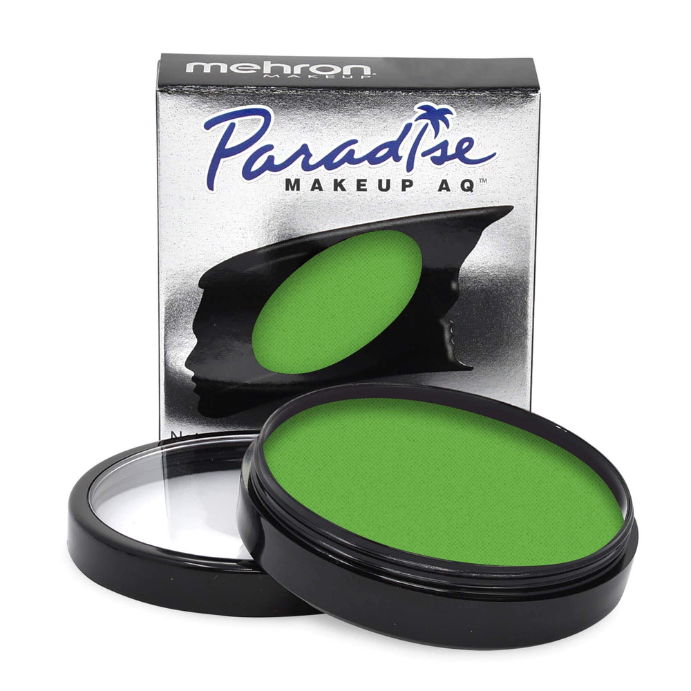 Mehron Paradise Makeup AQ light green bottle pour demonstrates water-activated color for skin-ready looks.