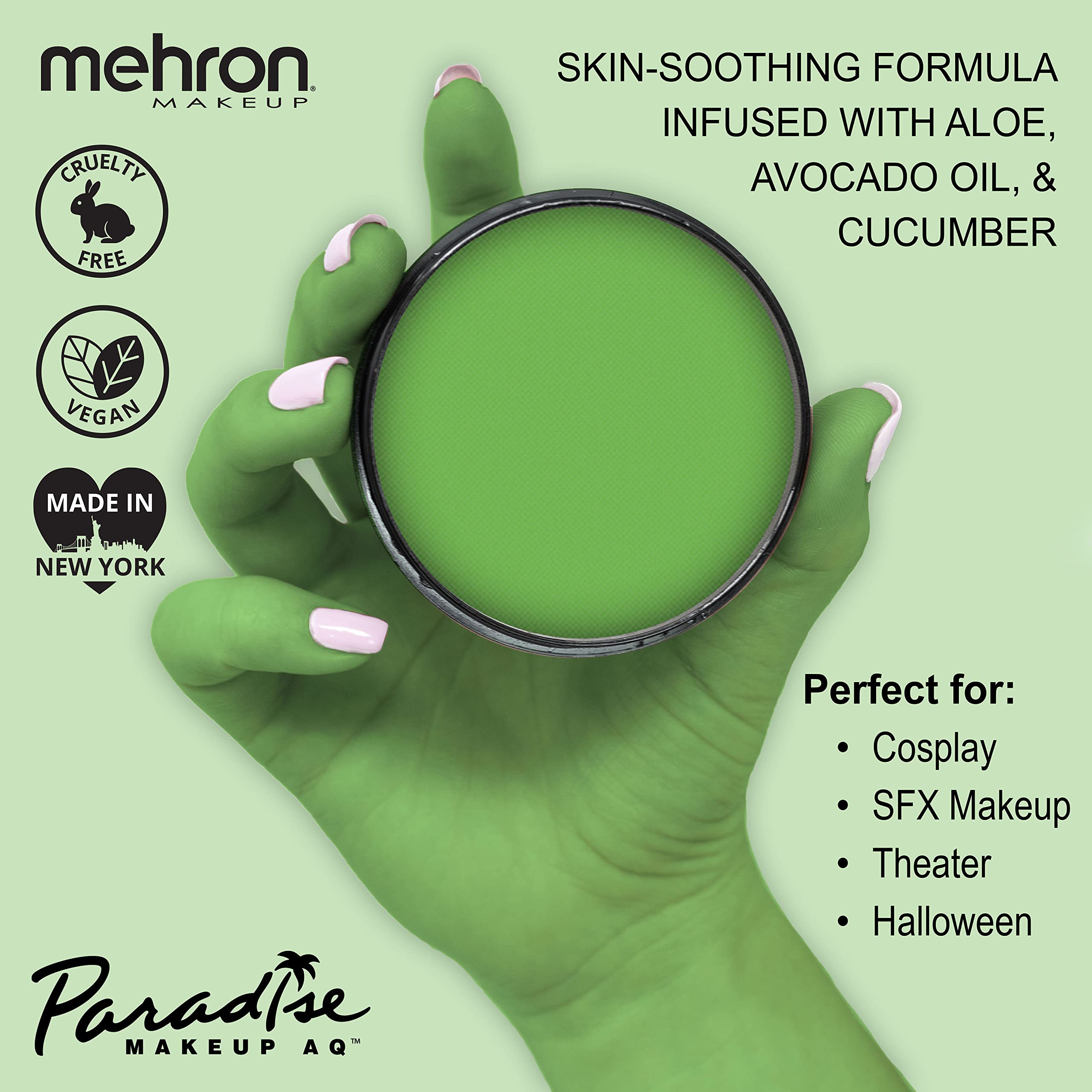 Mehron Paradise Makeup AQ light green swatches show matte finish for faces and bodies.