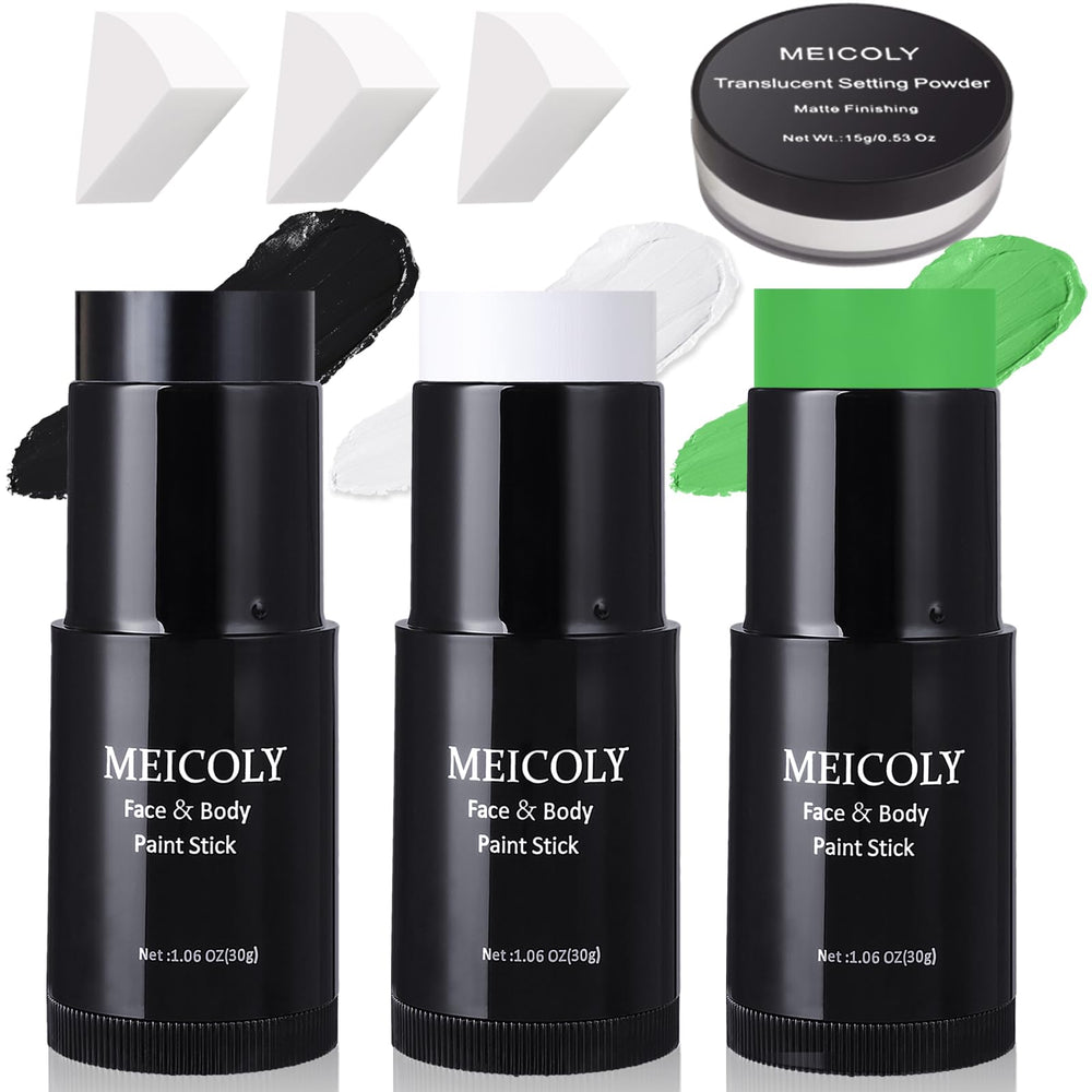 MEICOLY 7-pcs face paint set with setting powder and sponges for vibrant, long-lasting color.