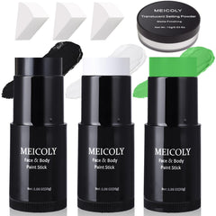 MEICOLY 7-pcs face paint set with setting powder and sponges for vibrant, long-lasting color.