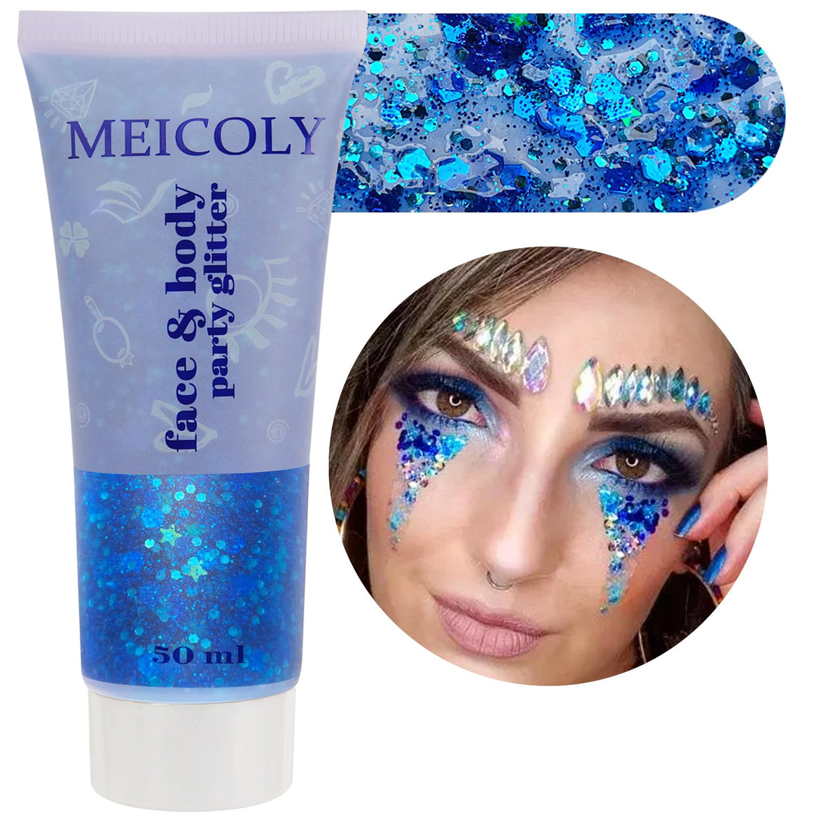 MEICOLY blue face glitter on skin adds festive shimmer for events.