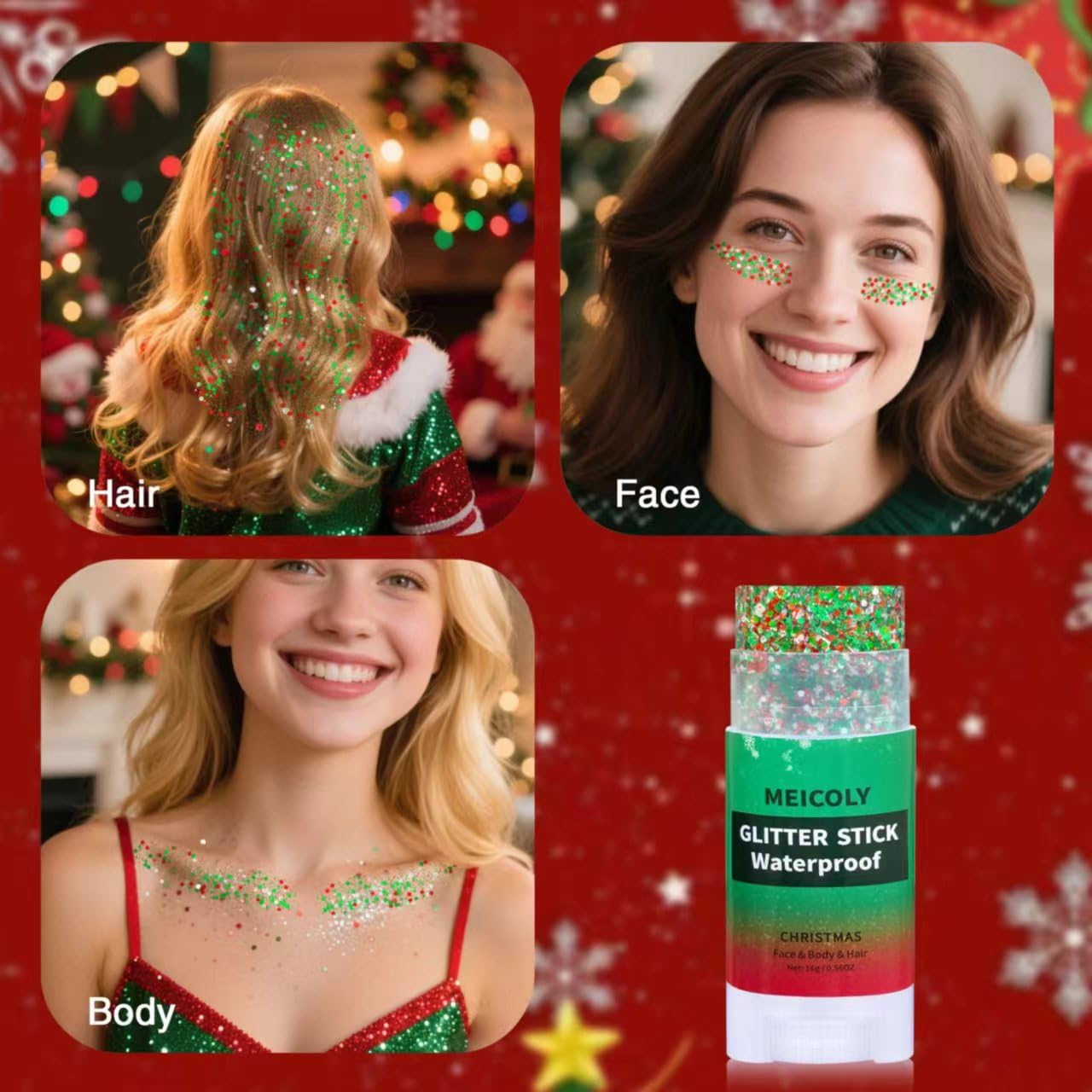 MEICOLY Christmas body glitter stick shimmers on skin for festival-ready glow.