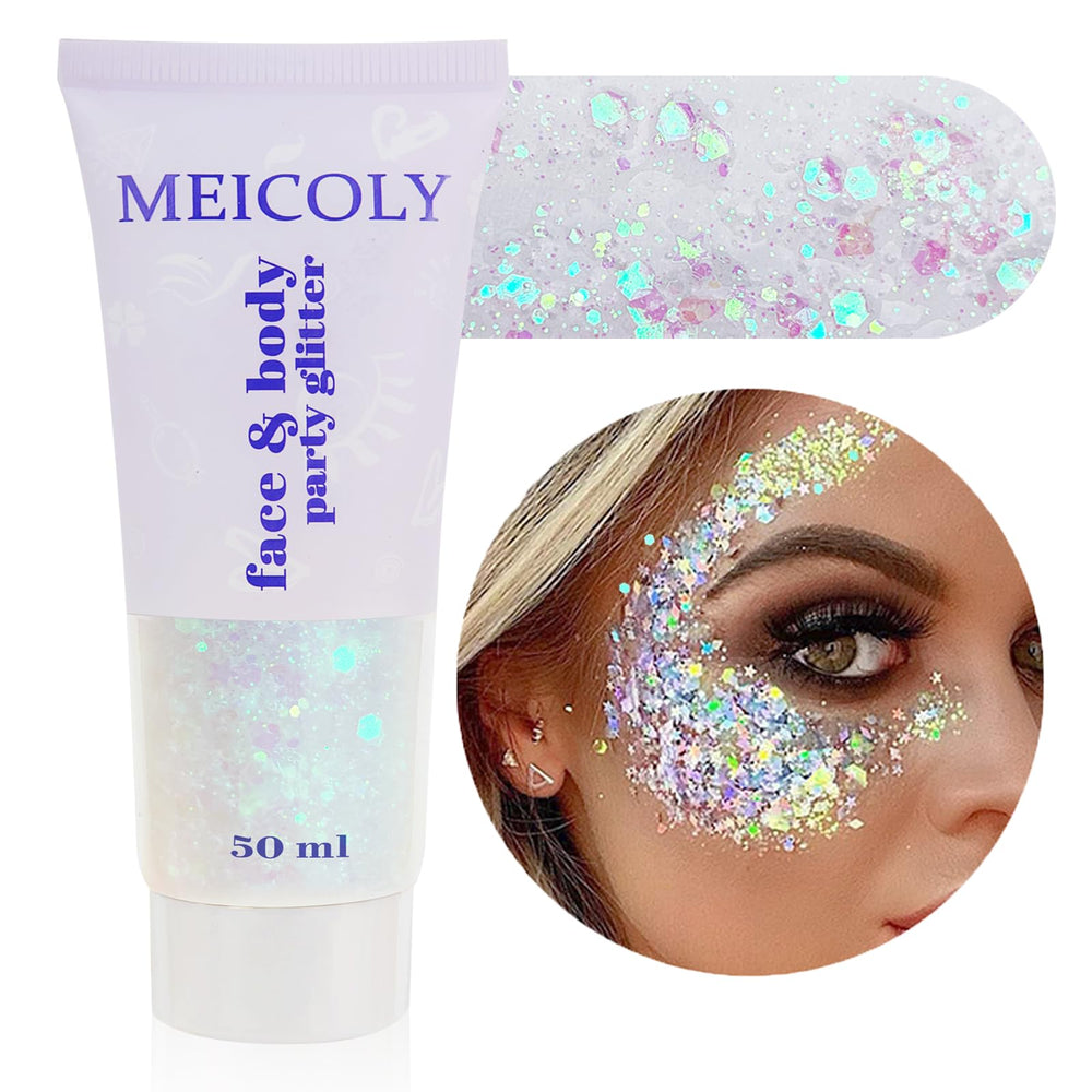 MEICOLY Clear White Glitter bottle-50ml on skin enhances performance-ready shimmer.