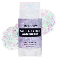 MEICOLY Clear White Glitter Stick packaging showcases effortless sparkle for party-ready looks.
