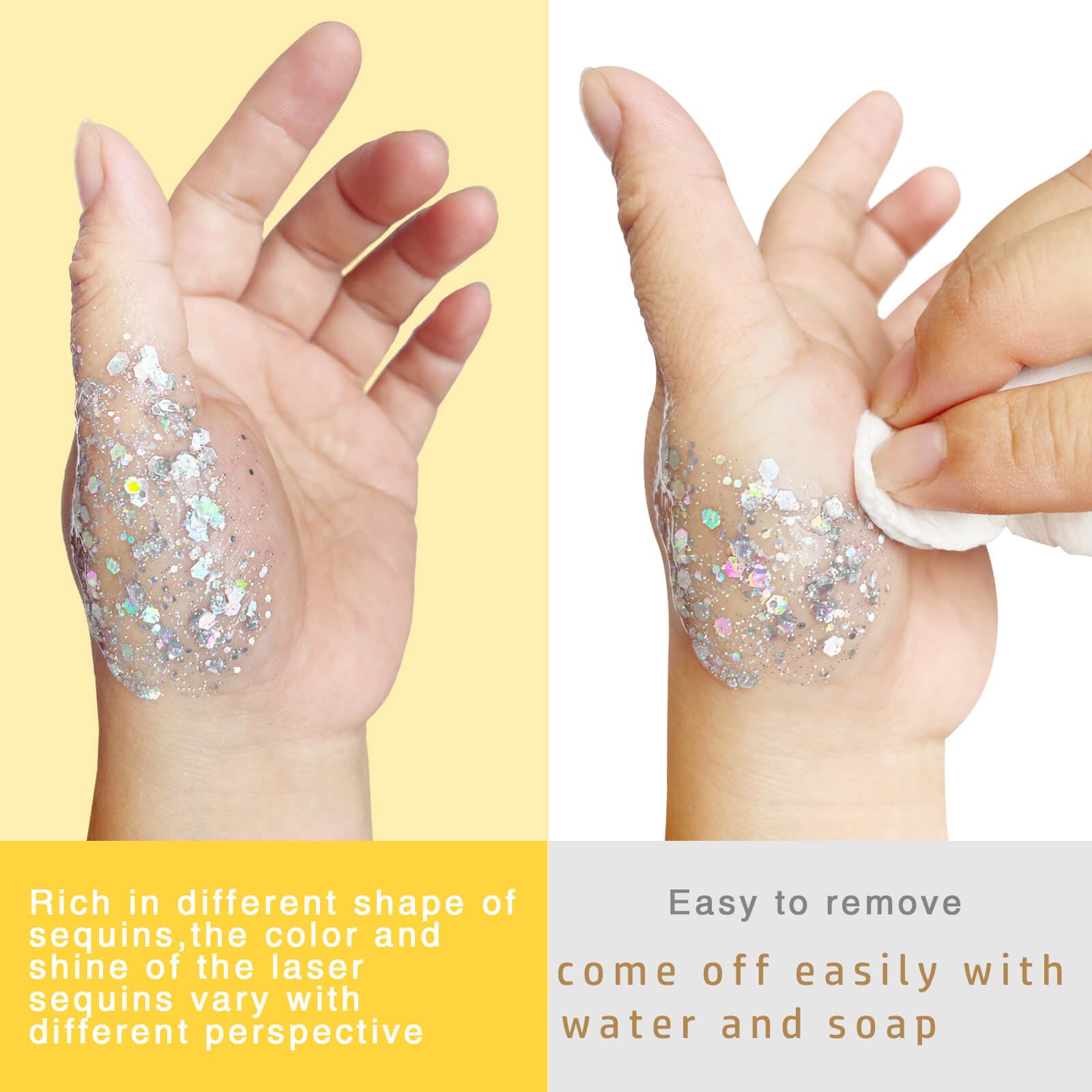 MEICOLY easy-to-clean glitter washes off with soap and water.