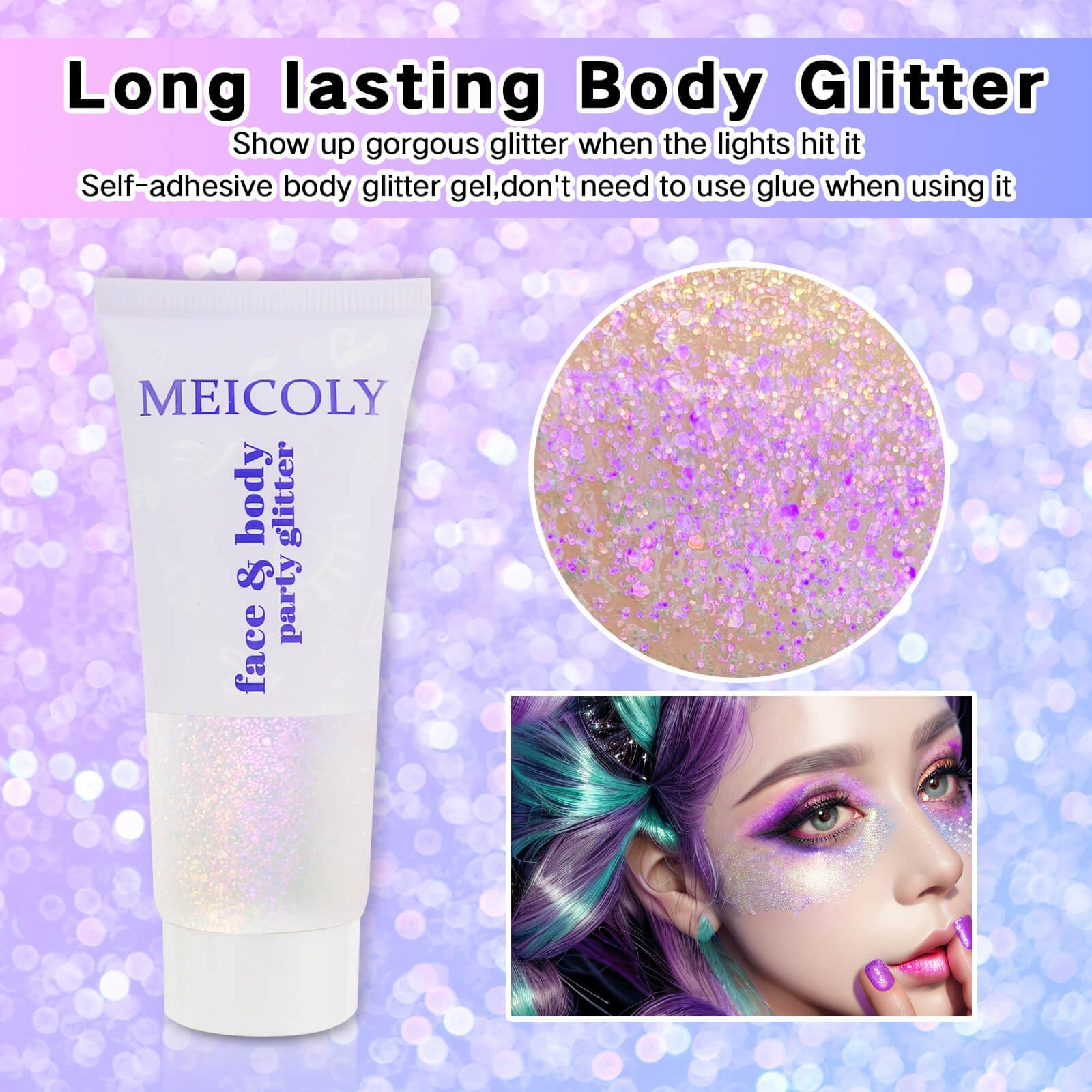 MEICOLY glitter on face and eyes for festival-ready shimmer