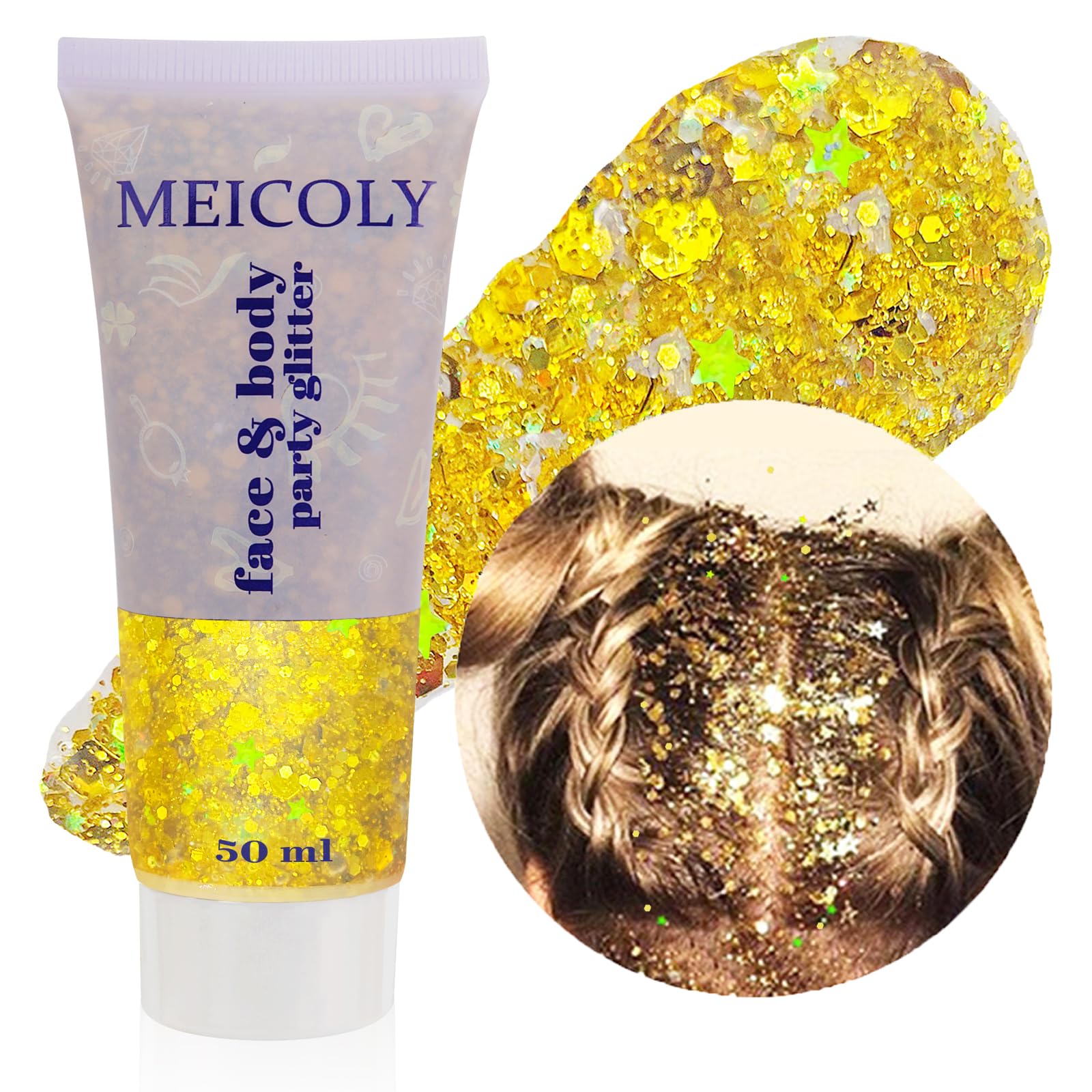 MEICOLY Gold Body Glitter jar close-up showing holographic shine for festival makeup.