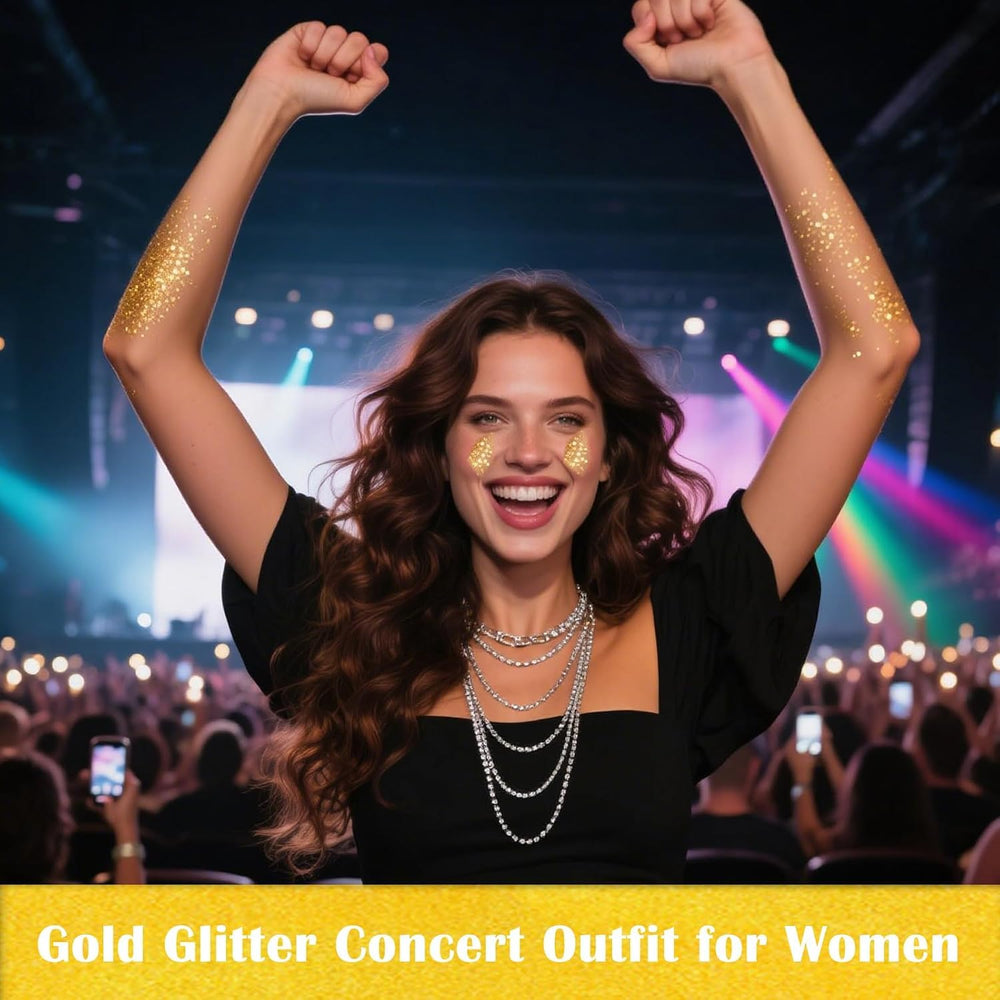 MEICOLY gold glitter on the shoulder highlighting shimmer and depth.