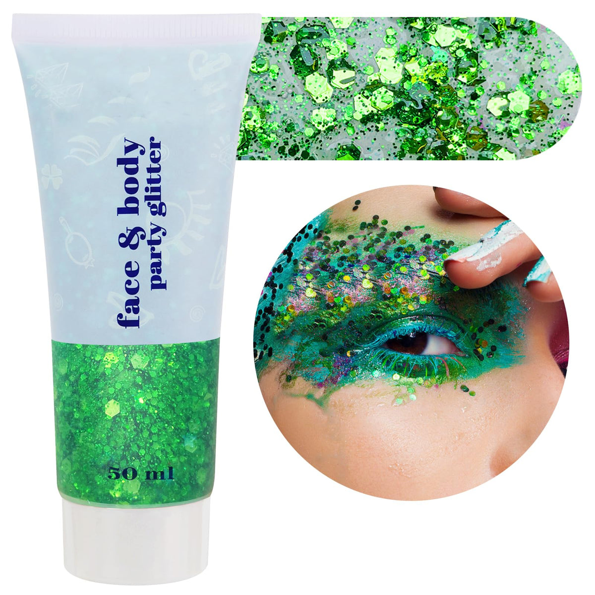 MEICOLY Green Face Glitter with self-adhesive gel for effortless facial sparkle.