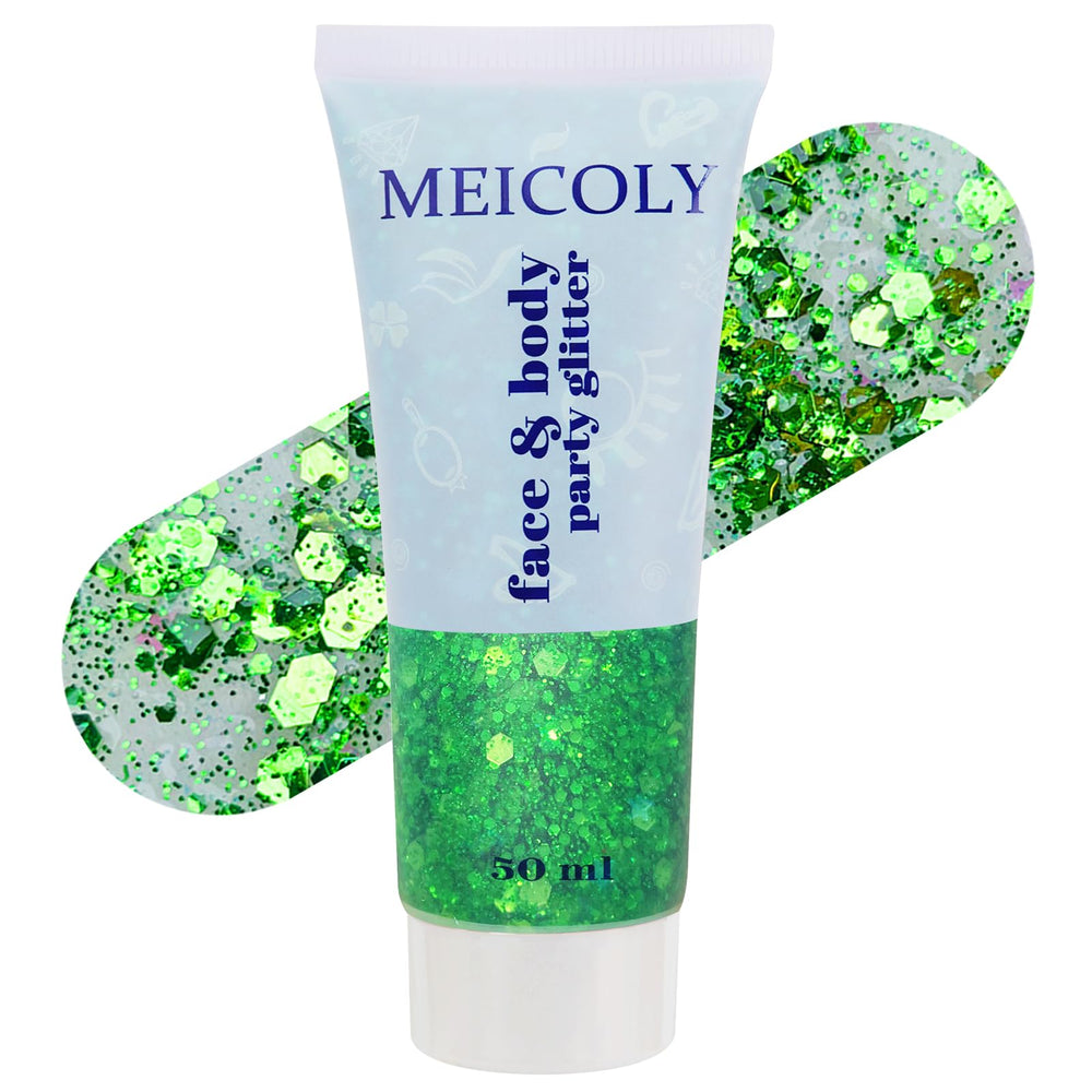 MEICOLY Green Glitter Packaging visuals show safe, ready-to-use gel formula.