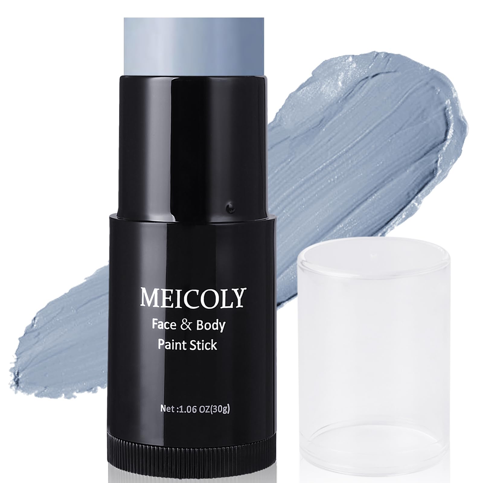 MEICOLY grey face paint stick applied on skin for a grayscale cosplay look with smooth application