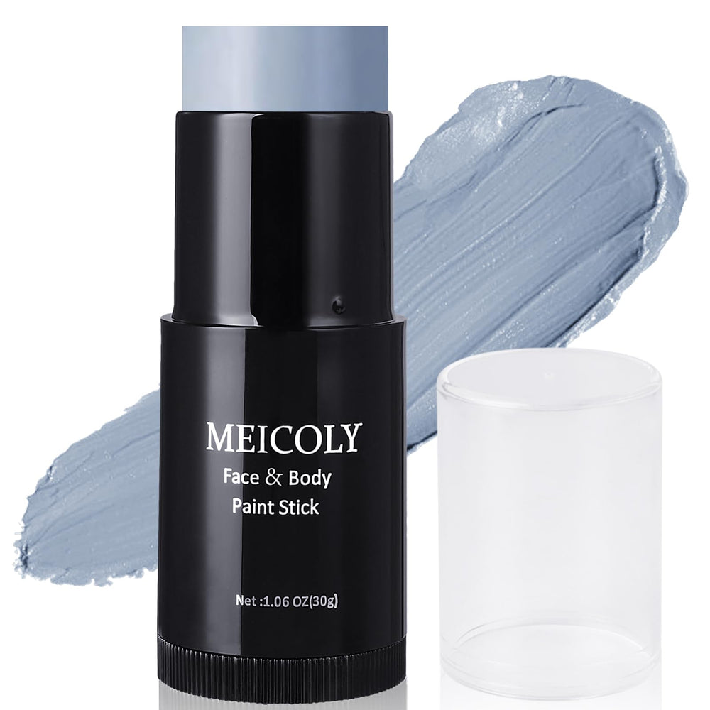 MEICOLY grey face paint stick applied on skin for a grayscale cosplay look with smooth application