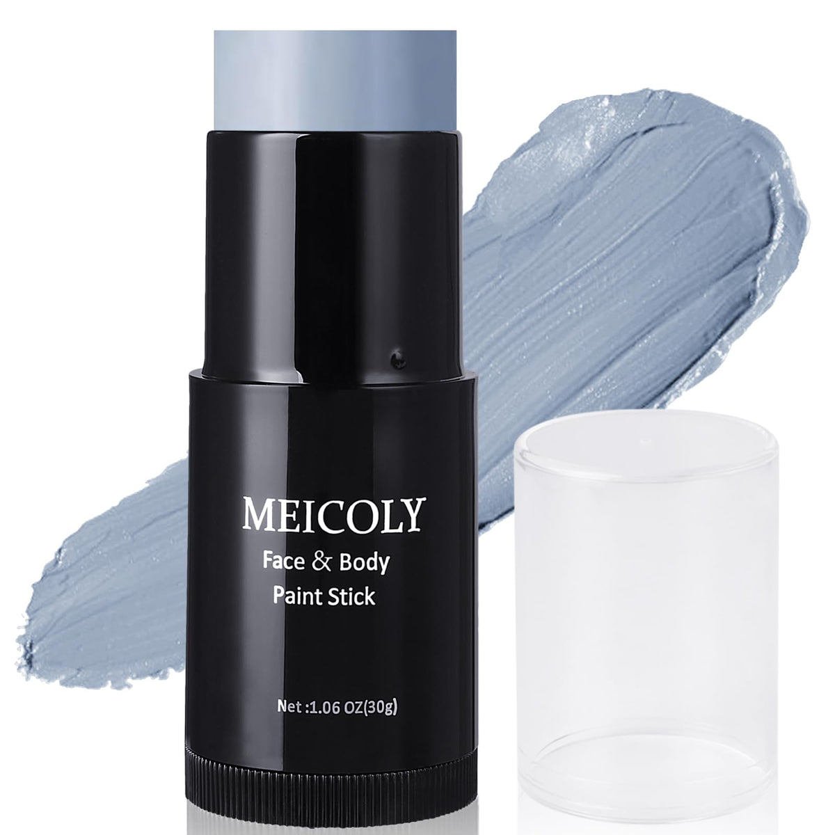 MEICOLY grey face paint stick applied on skin for a grayscale cosplay look with smooth application