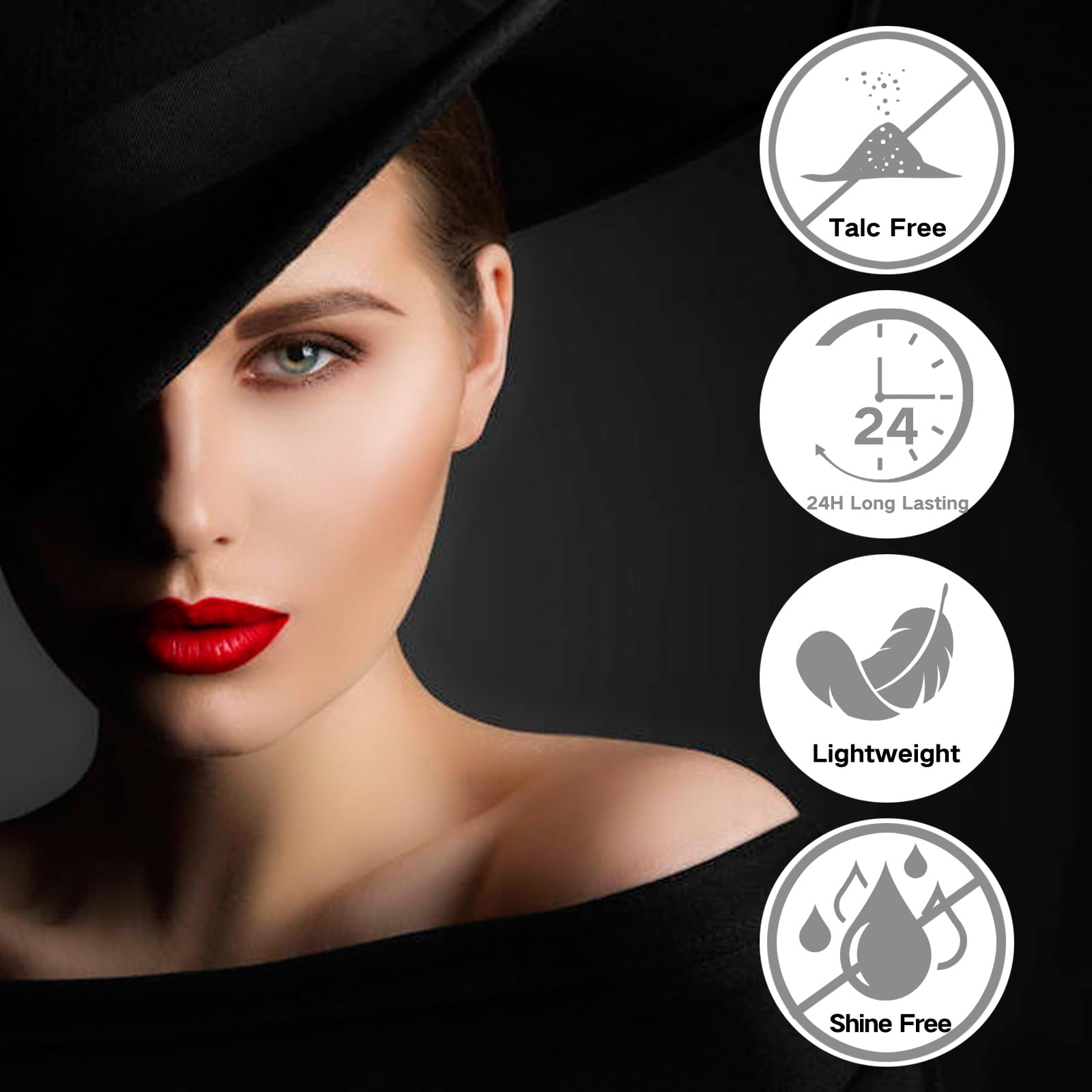 MEICOLY loose powder shown mid-application for a natural, shine-free finish.