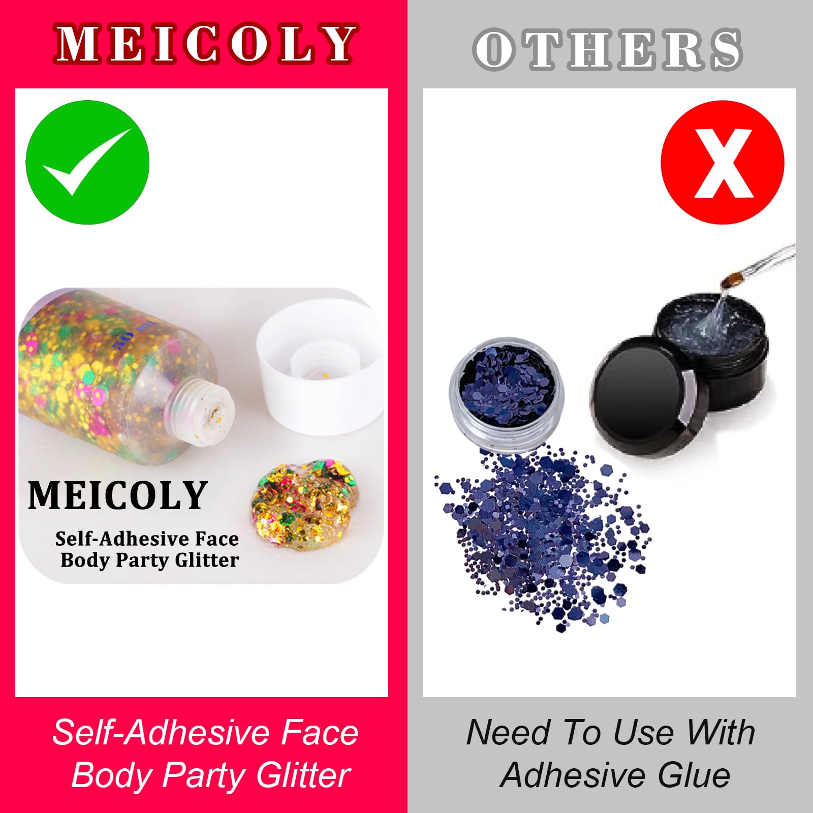 MEICOLY glitter gel drying on skin with durable sparkle.