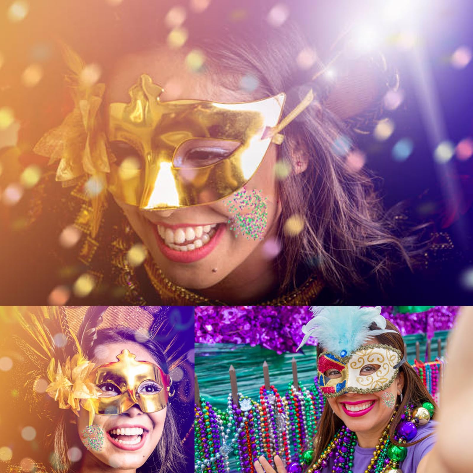 MEICOLY glitter on cheek shows vibrant gold-green-purple mix.