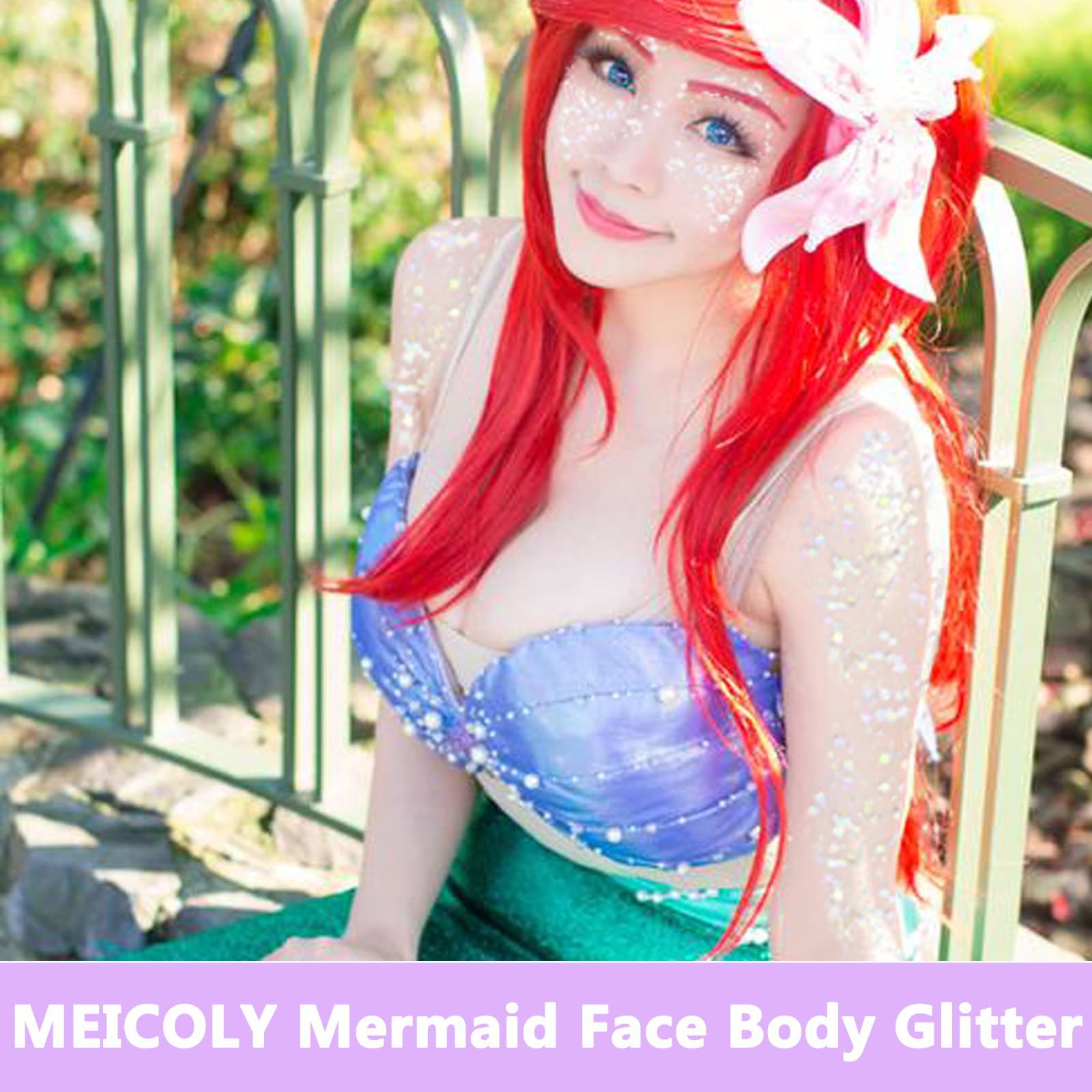 MEICOLY Mermaid-glitter-face on the cheek adds vibrant festival glow.