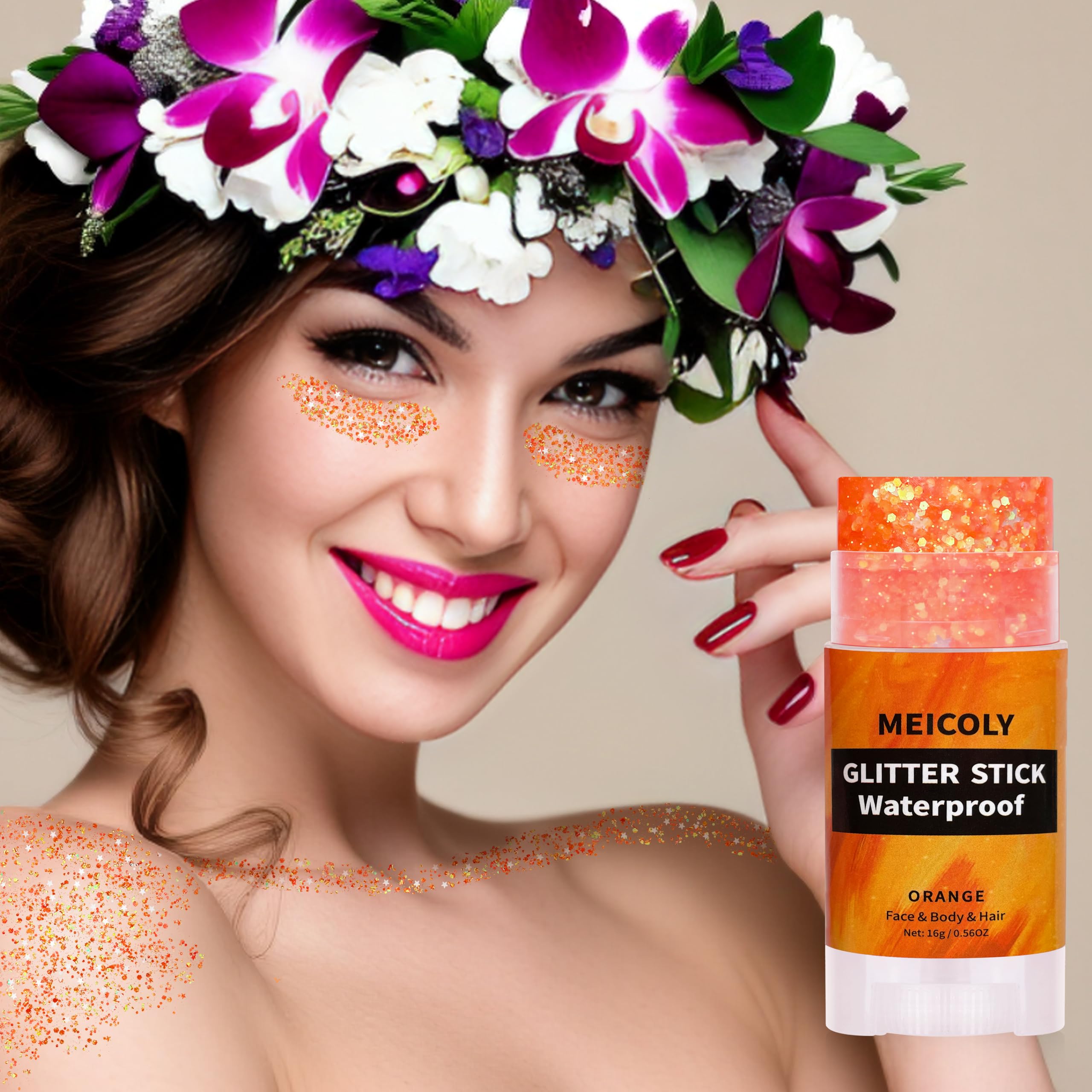 MEICOLY Orange Glitter Stick on body for even glow.