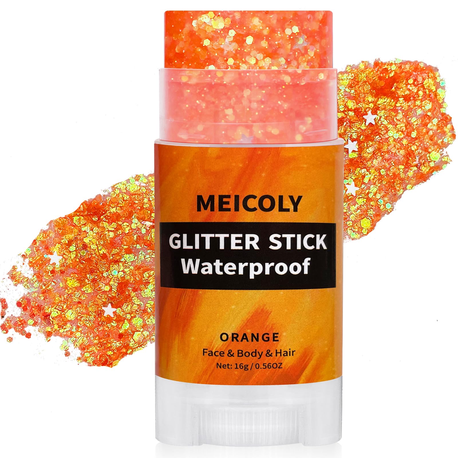 MEICOLY Orange Glitter Stick on face for radiant sparkle and all-day wear.