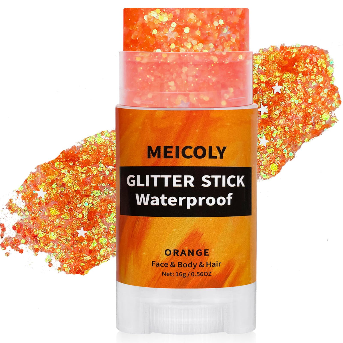 MEICOLY Orange Glitter Stick on face for radiant sparkle and all-day wear.