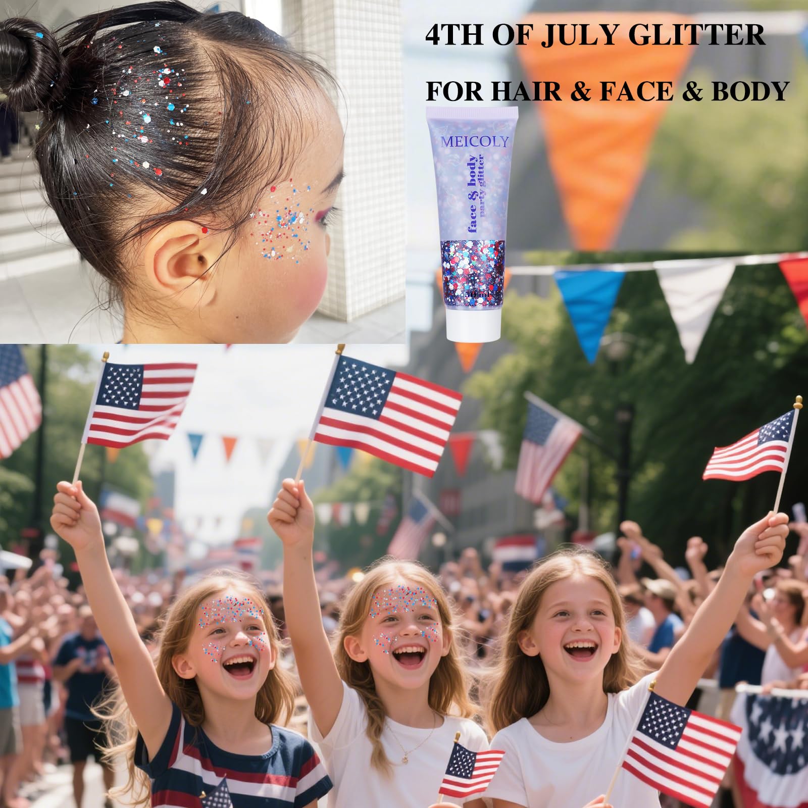 MEICOLY patriotic glitter for hair and festive styles