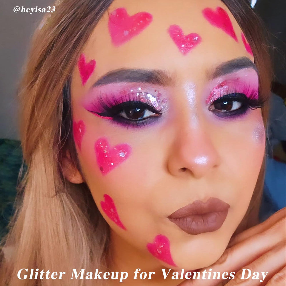 MEICOLY pink face glitter applied on cheek for vivid shimmer