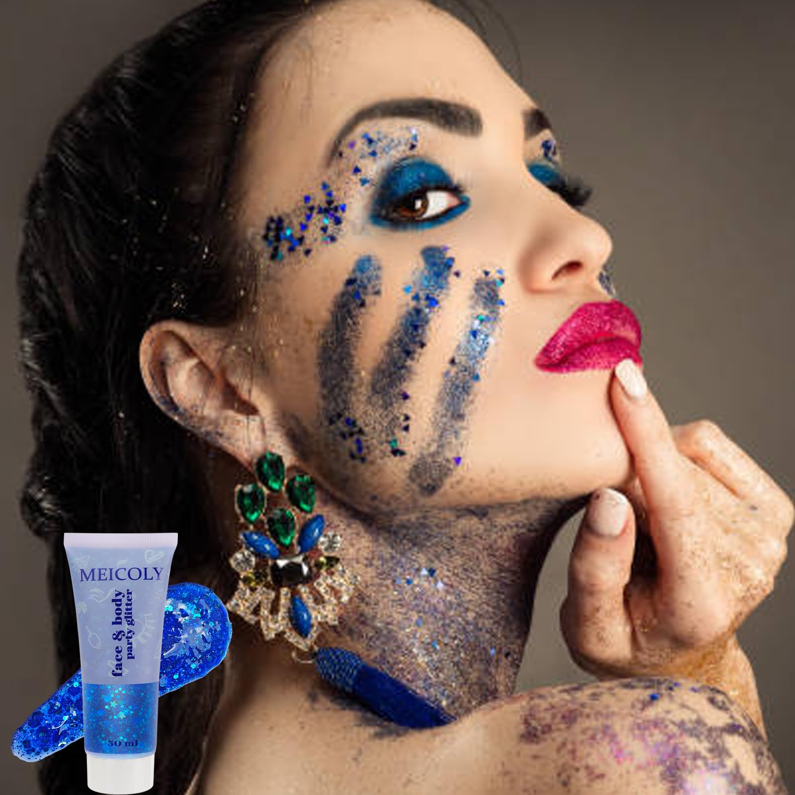 MEICOLY pride glitter on face enhances colorful celebrations.