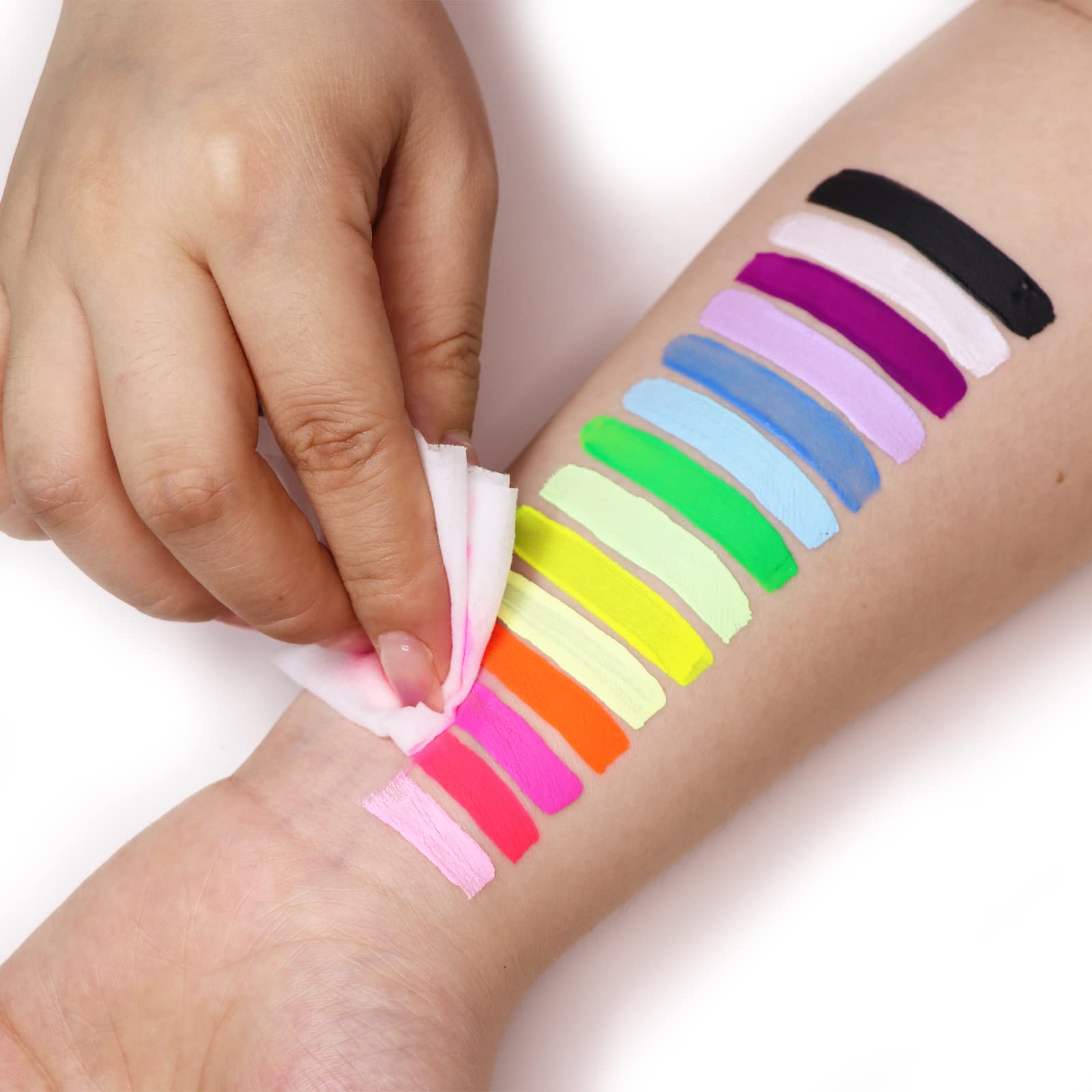 MEICOLY glow-ready rainbow face paint for UV-lit scenes