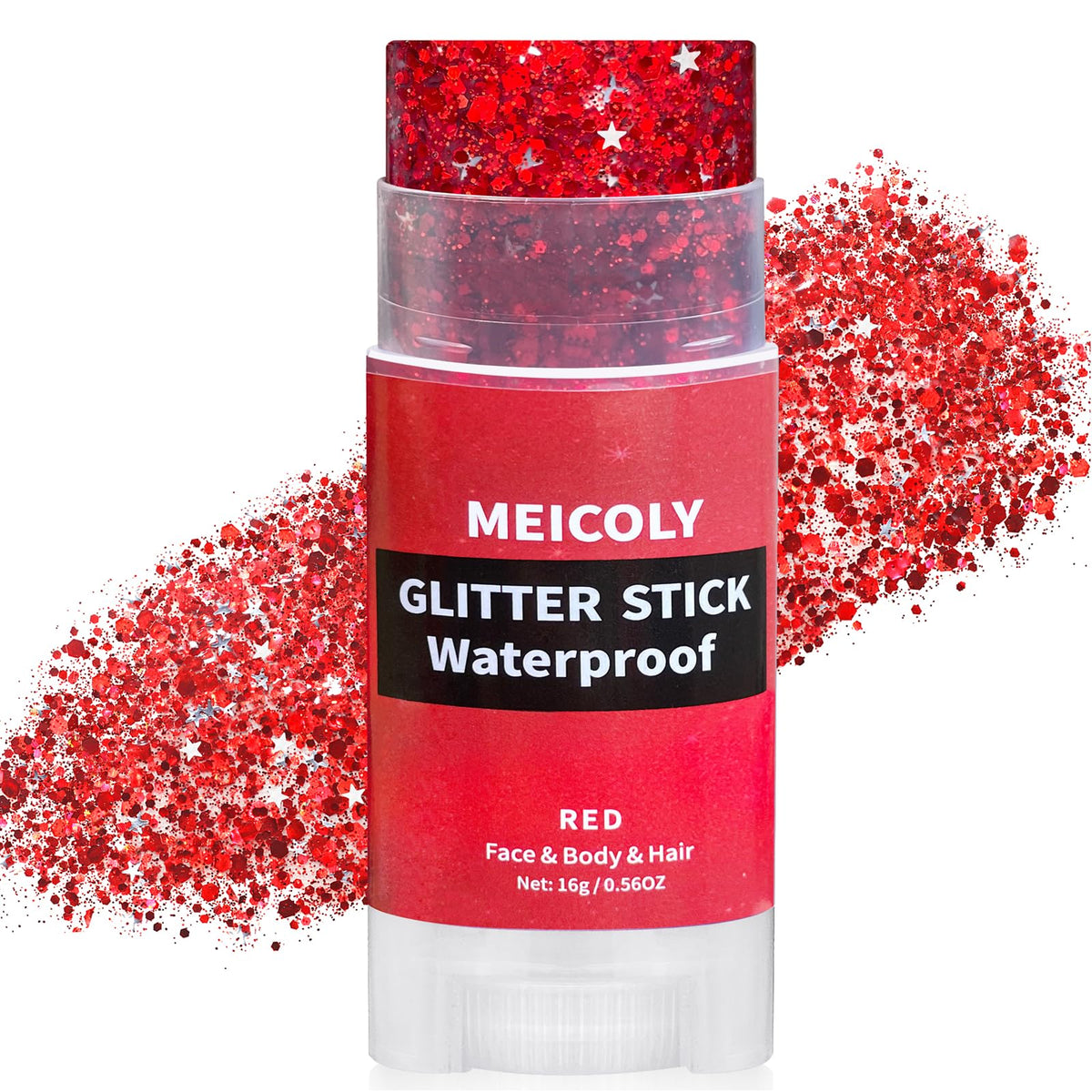 MEICOLY Red Face Glitter Stick close-up shows bold festival sparkle