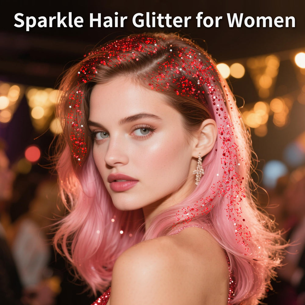 MEICOLY Red Hair Glitter Stick application demonstrates lightweight shimmer