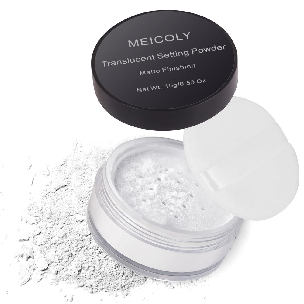 MEICOLY talc-free setting powder in sifter packaging for precise application.