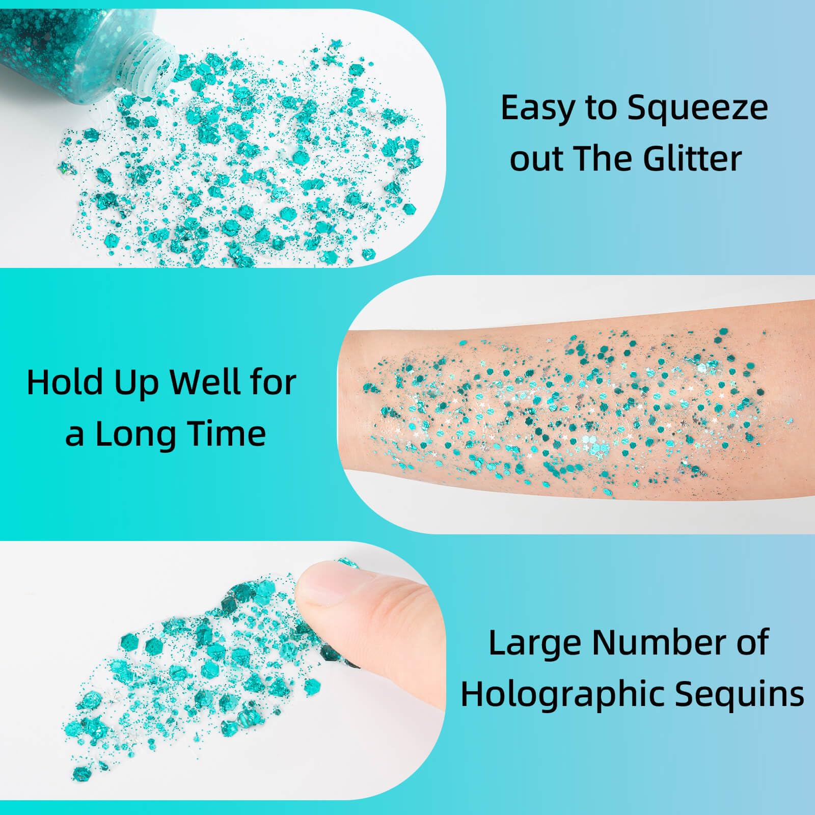 MEICOLY teal glitter gel on body for dazzling shimmer