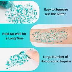 MEICOLY teal glitter gel on body for dazzling shimmer