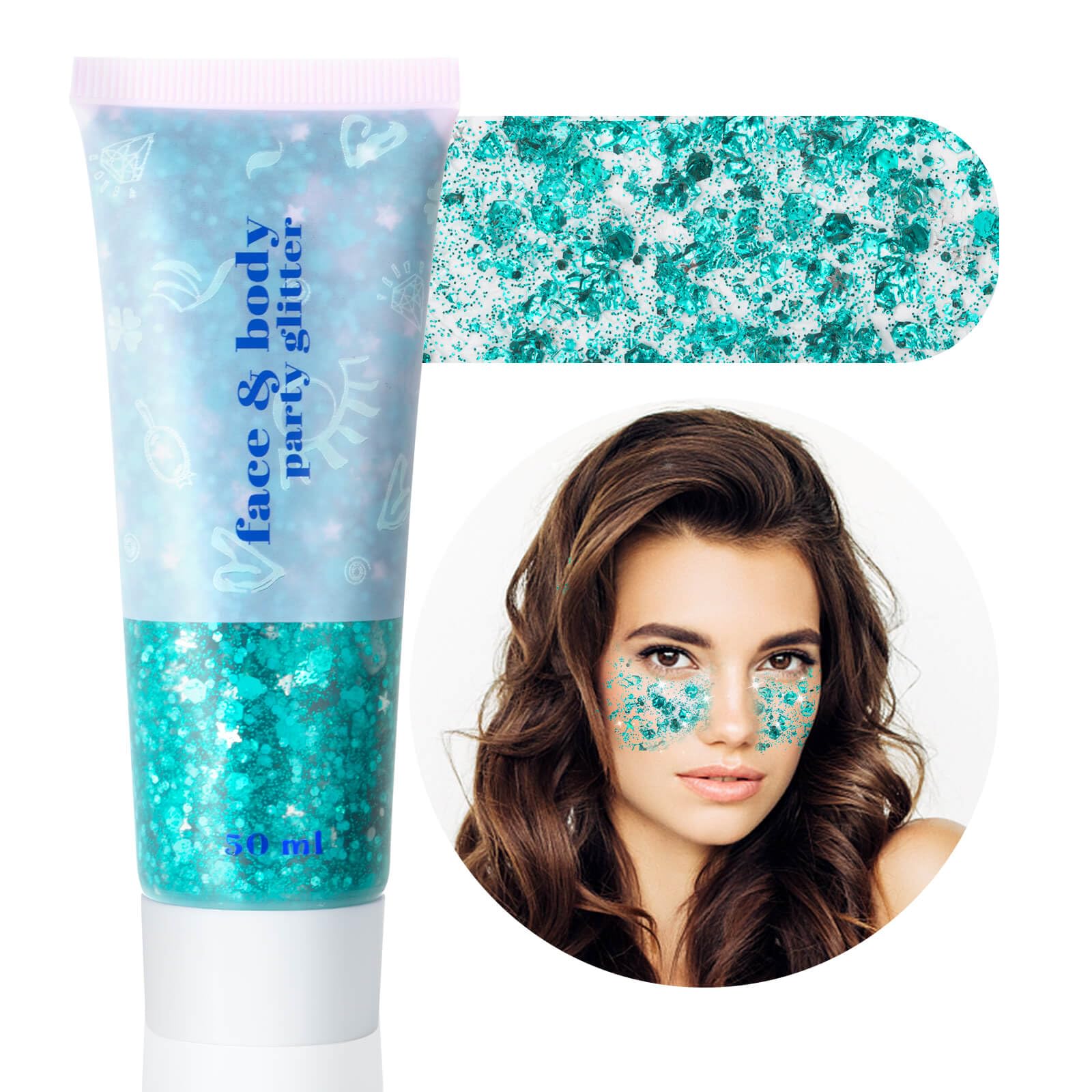 MEICOLY teal glitter gel on face for radiant holographic glow