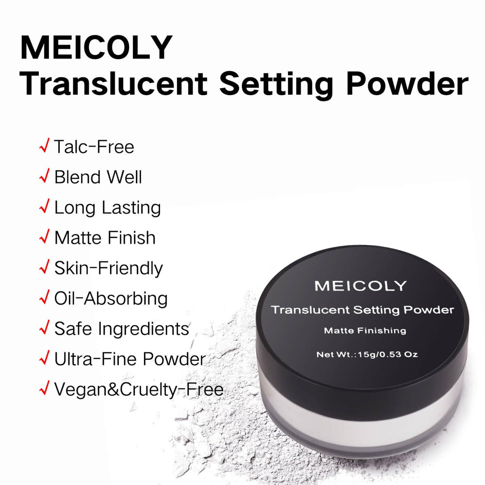 MEICOLY vegan, cruelty-free formula in a portable sifter jar.