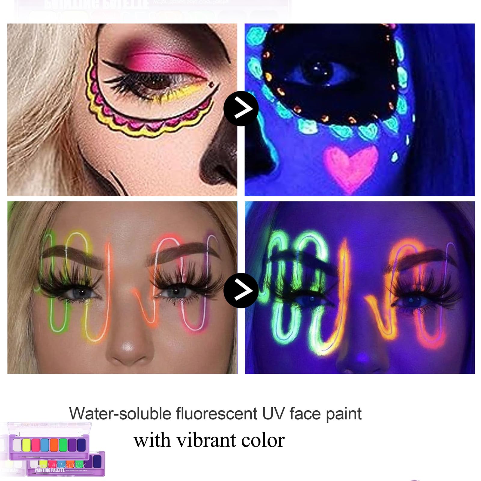 Meicoly water-activated eyeliner palette 01 glow pink glows under UV light