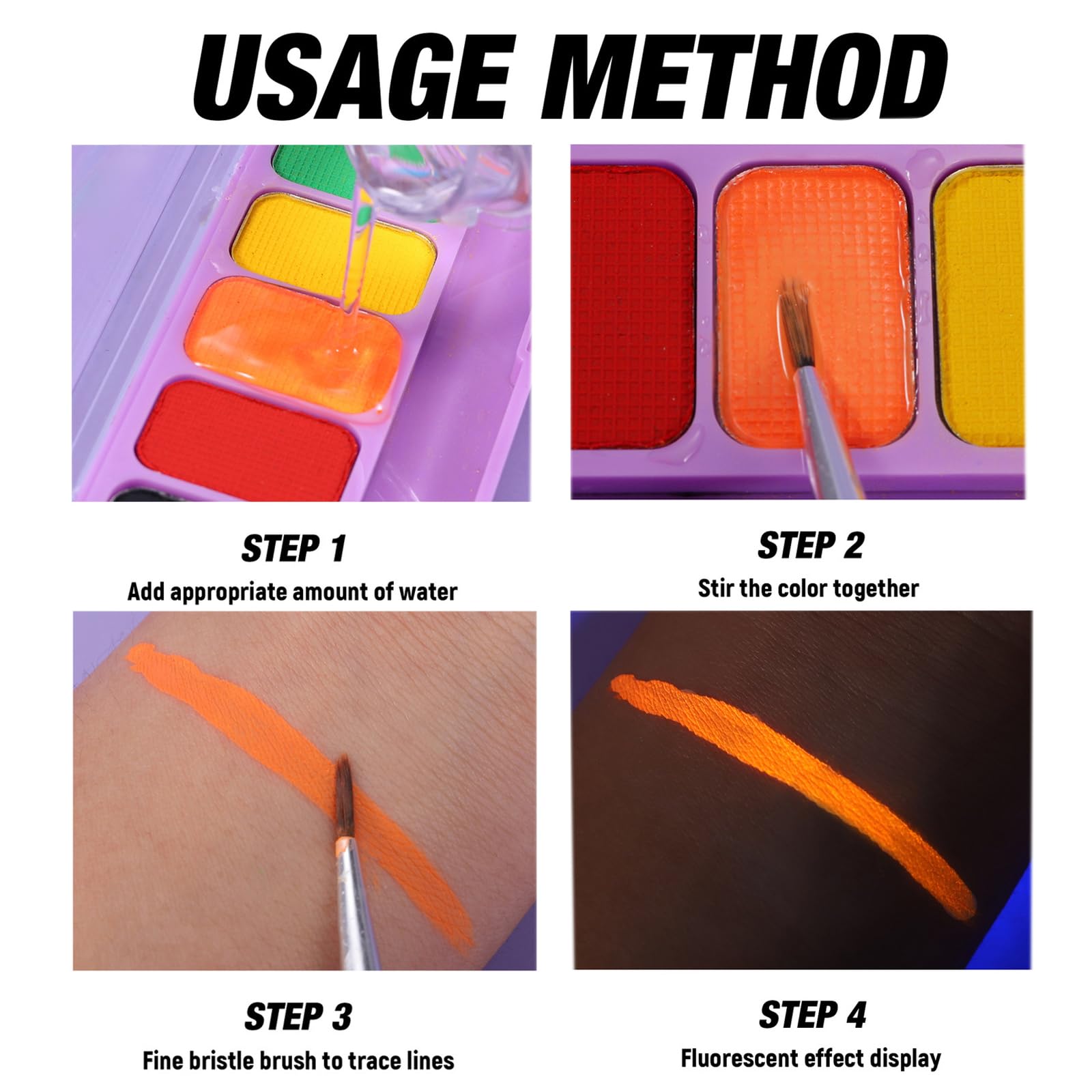 Meicoly water-activated eyeliner palette 03 glow pink UV glow for playful body art