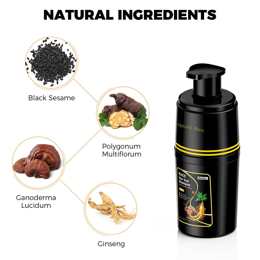 MEIDU Black Hair Dye Shampoo wait-time graphic highlights 15–20 minutes