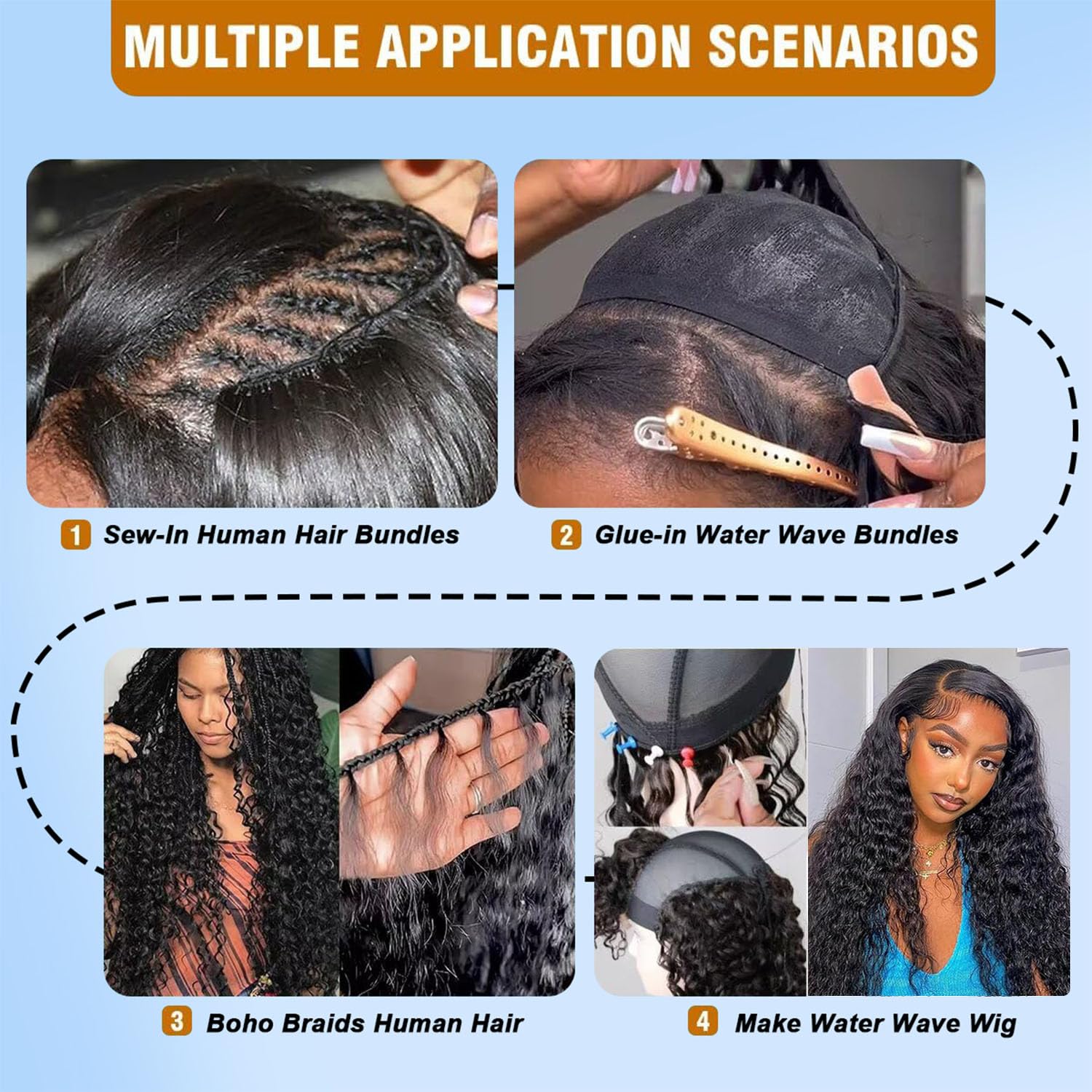 Meiguiyu 100-percent Remy water wave bundles deliver soft texture and natural movement.
