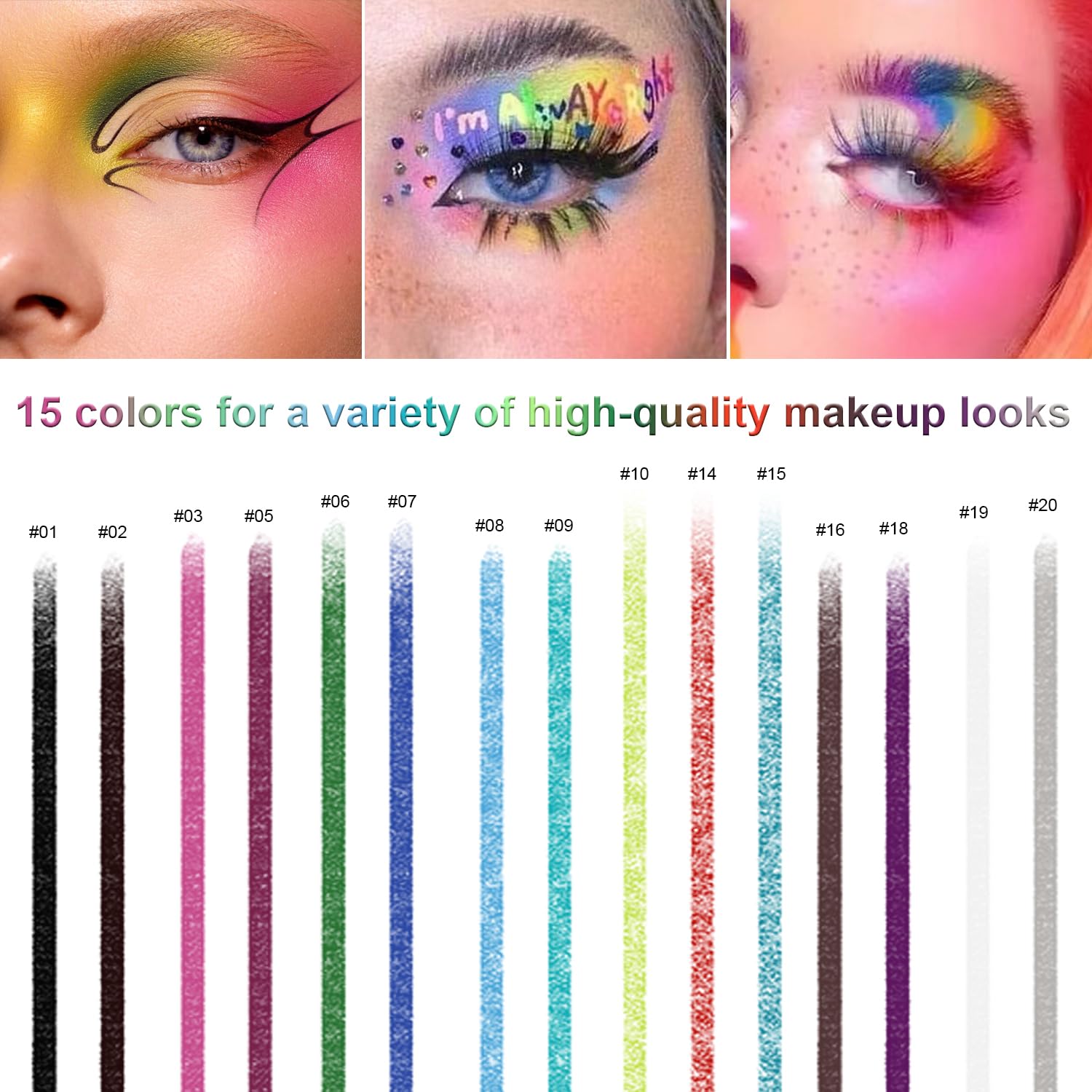 Meilury 15-color eyeliner pencil close-up highlights rich cream texture