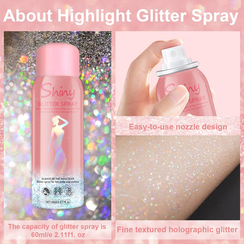 Meilury glitter spray for hair and body adds subtle shimmer.