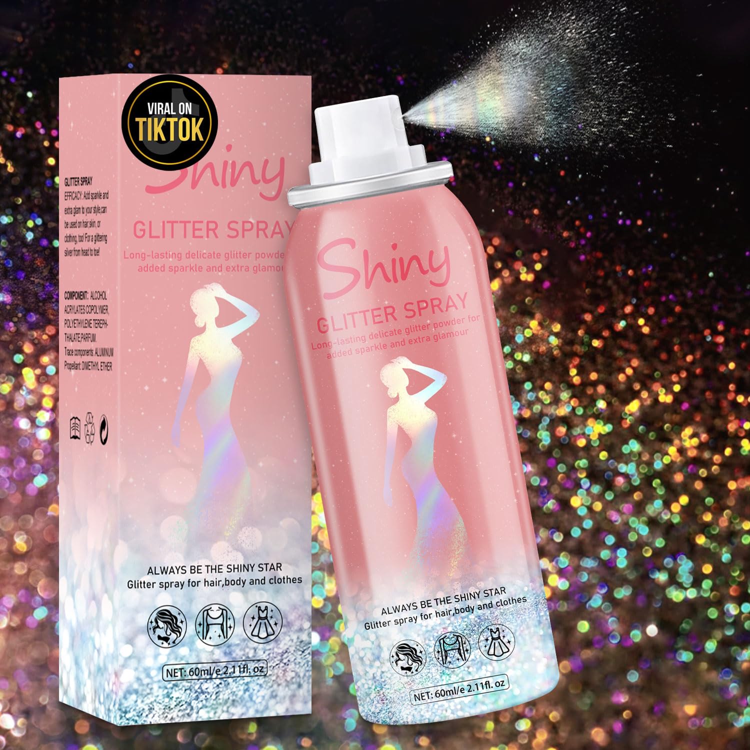 Meilury Rainy Rainbow glitter spray bottle with holographic shimmer for hair and skin.