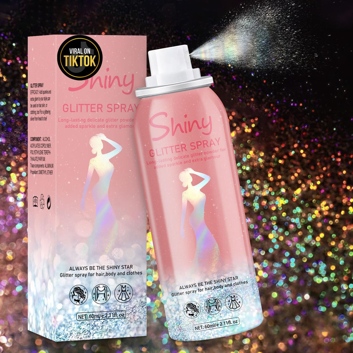 Meilury Rainy Rainbow glitter spray bottle with holographic shimmer for hair and skin.