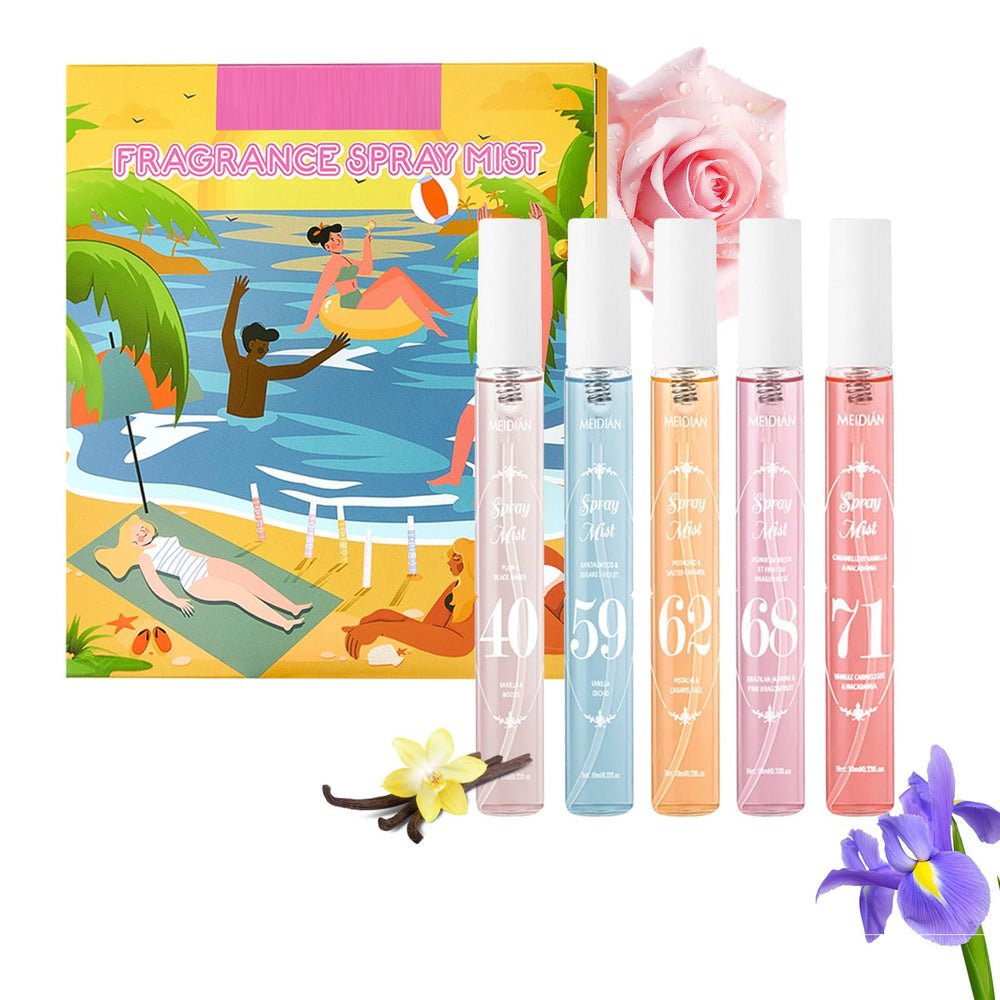 MeiPlumLai fragrance mist collection on display with five scents