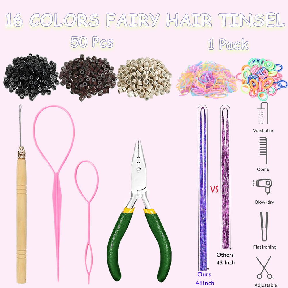 MEIYOU Hair Tinsel Kit includes 100 micro rings for secure attachment.
