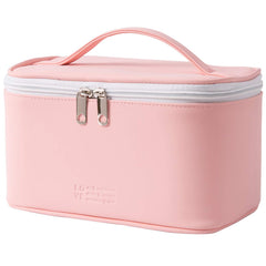 Meiyuuo makeup bag in light pink with spacious interior and secure zipper for daily use