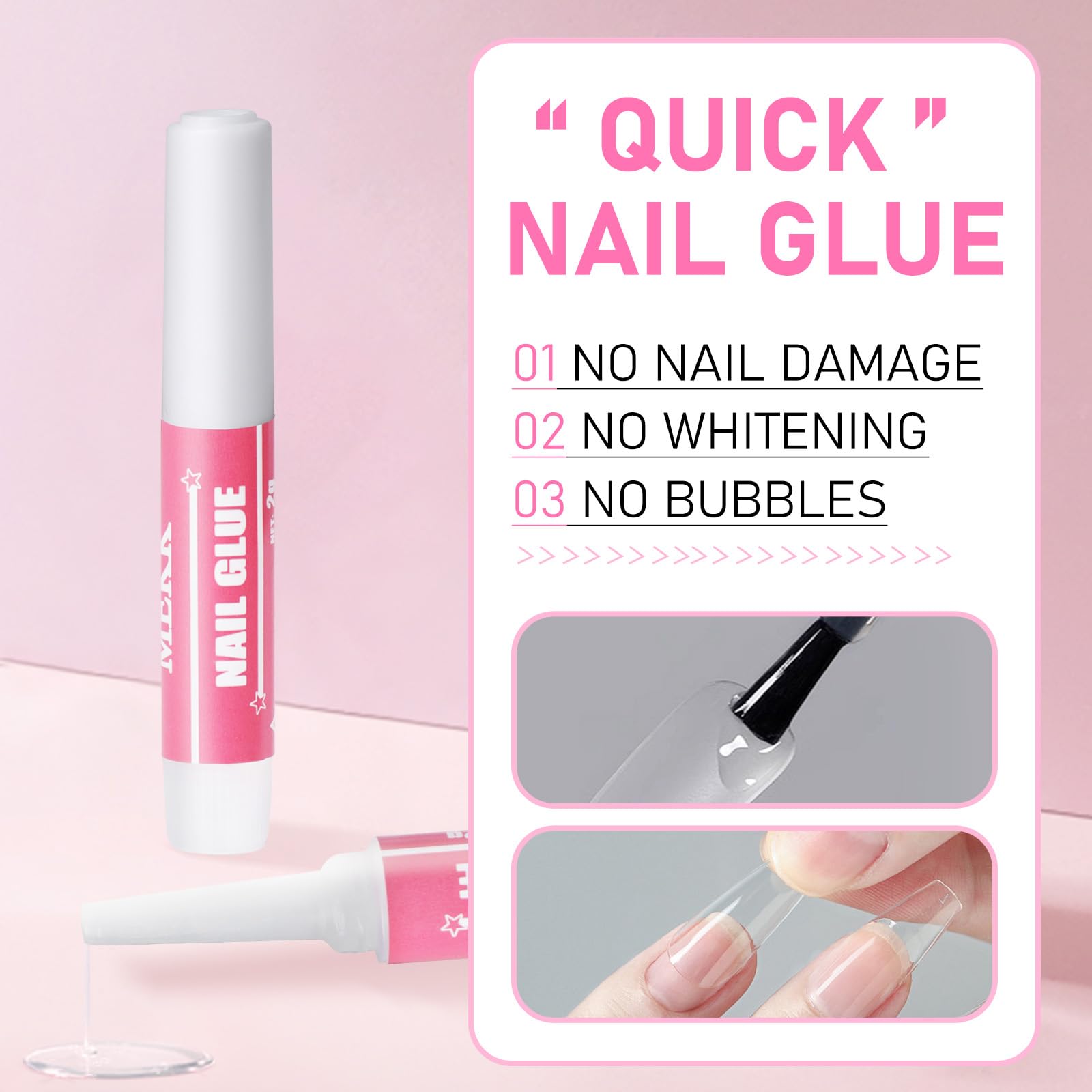 MEKK Nail Glue dries clear for a crystal-like finish on nails.